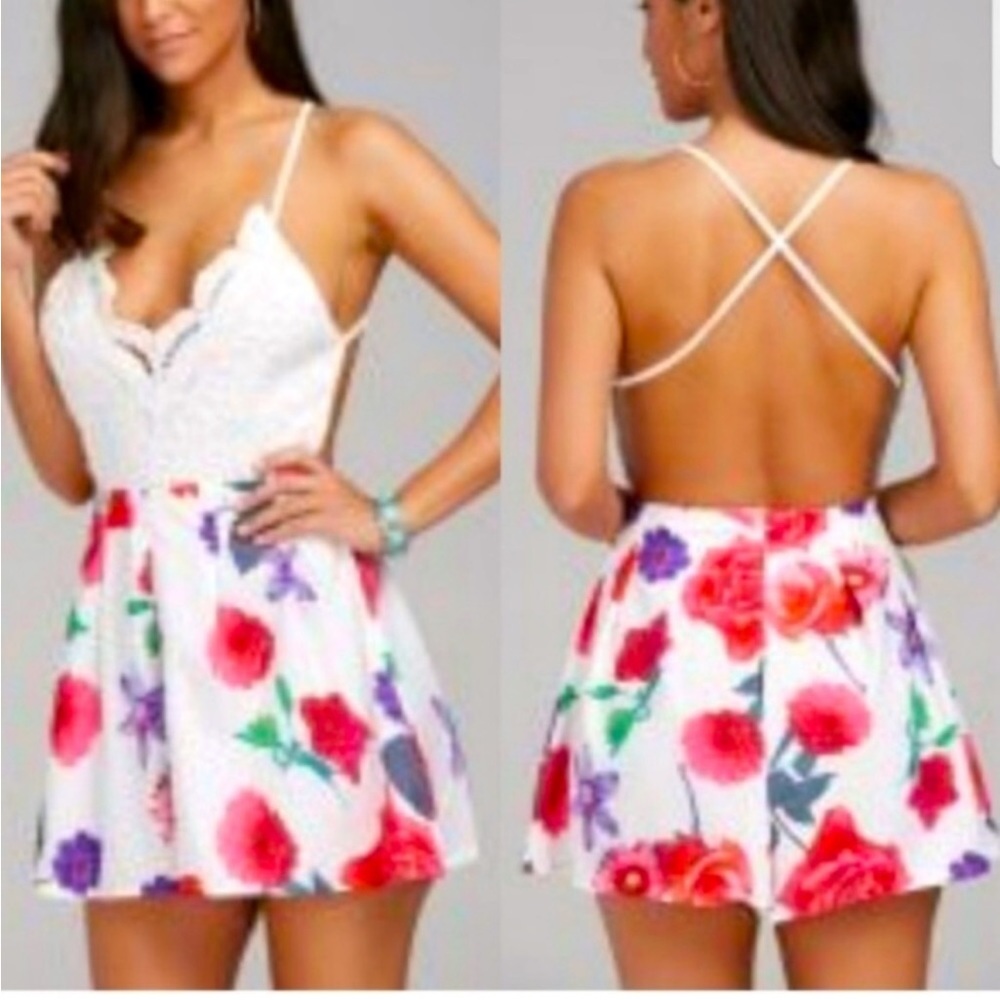 White lace and floral backless romper